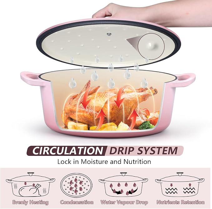 P&P CHEF Oval Dutch Oven with Lid, Enameled Cast Dutch Oven Pot for Bread Baking, Braising, Stewing, Roasting, Non-Stick & Oven Safe, Dual Handles & Easy Clean, 7QT & Pink, Valentine's Day
