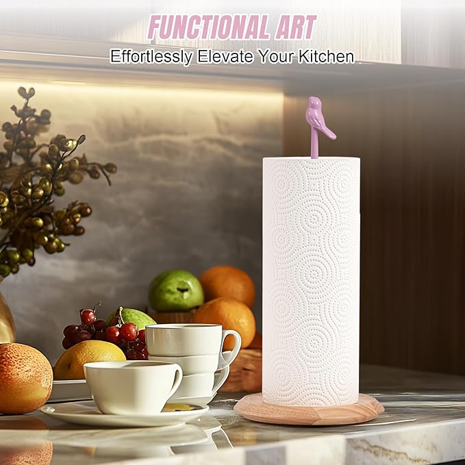 Wooden Paper Towel Holder countertop, Stylish Bird Shaped,Solid Wood Base&Iron Top, with Non-Slip Mat, Stable&Durable,Paper Towel Holder Farmhouse Style to Elevate Your Kitchen's Décor (Pink)
