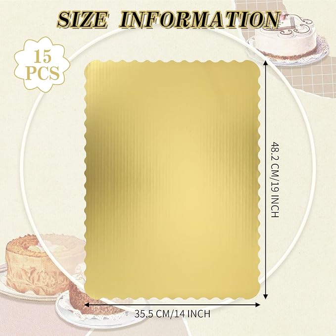 15 Pack 19 x 14 Inch Greaseproof Rectangle Cake Boards, Premium Corrugated Single Wall Cake Base Board Half Sheet Cake Board for Sheet Cake, Dessert Base, Cupcake and Cake Pizza(Gold)