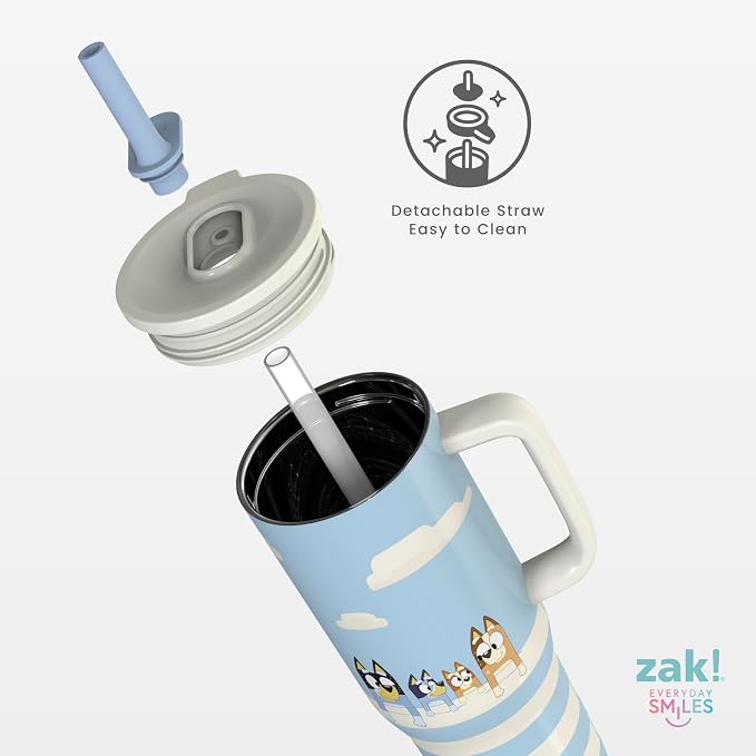 Zak Designs Bluey Sutton Travel Tumbler for On the Go, 30oz Stainless Steel with Vacuum Insulation, Silicone Straw, and Carry Handle for Cold Drinks (Bluey, Bingo, Bandit, Chilli)