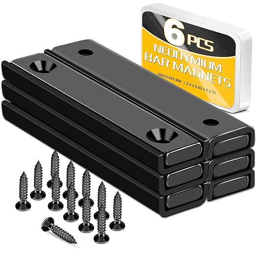 TRYMAG Neodymium Rectangular Magnets 80Lbs, 60 x 13.5 x 5mm Strong Black Bar Magnets with Countersunk Hole and Steel Capsule, Heavy Duty Industrial Rare Earth Magnets with Screw for Mounting, 6 Pack