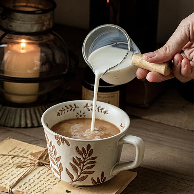 12 oz Vintage Ceramic Coffee Mug Set of 4 - Handmade Stoneware Pottery Countryside Farmhouse Fall Autumn Tea Mugs with Big Handle for Latte,Cocoa,Dishwasher & Microwave Safe Cups (Plants)