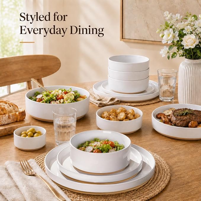 AmorArc Ceramic Dinnerware Set for 6 | Speckled Stoneware Plates and Bowls with Rustic Terracotta Underside| Scratch Resistant,Dishwasher & Microwave Safe Dishes Sets- 18pcs White