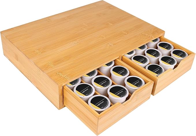 HTB K Cup Holder Compatible Coffee Pod Storage Drawer, Bamboo 2 Drawer | K Cup Organizer, 2 Drawer, Removable Divider, Slim Version, Space-Saving, Coffee Pod, Capsule, Classic, Durable