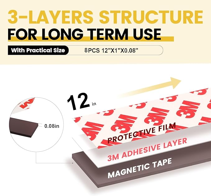 Adhesive Magnetic Tape 8 Feet,Flat Package (8 PCS 1X12"),Sticky Strips,Tapes Magnets for White Board.Magnetic Strips for Classroom