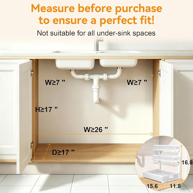 Under Sink Organizer for Bathroom, 3 Tier Adjustable Height Under Sink Storage, Sliding Pull Out Cabinet Organizer Shelf, Metal Multi-Purpose Cabinet Organizer for Kitchen (2 Pack, White)