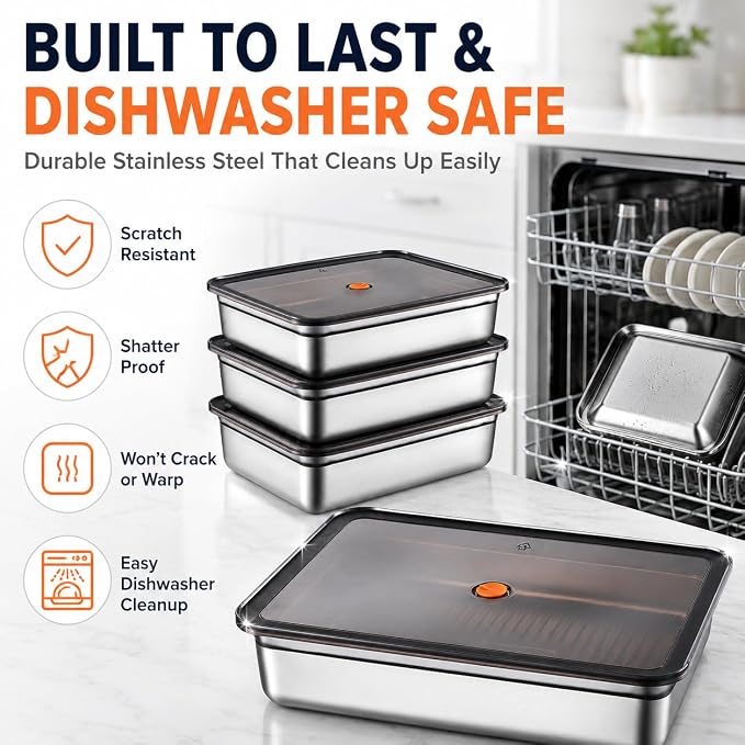 3-Pack Stainless Steel Food Storage Containers with Airtight Lids - Vacuum Seal Meal Prep Containers for Fridge Organization - Leakproof & Stackable Food Storage Set for Kitchen Freezer & Oven Safe