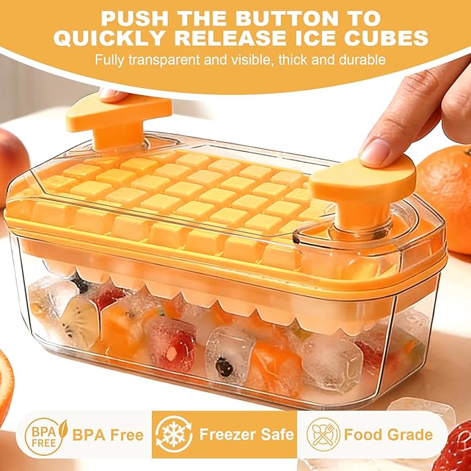 100 ice cube maker with easy press lid, Ice Trays for Freezer with Lid and Bin for Chilling Cocktail Whiskey Coffee Include 2 Trays and Storage Container, BPA Free