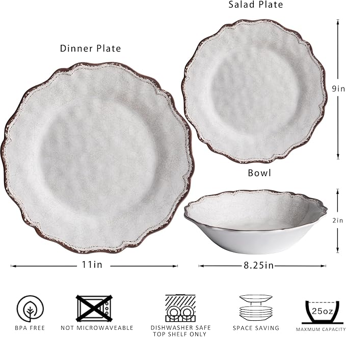 LEHAHA Farmhouse White Melamine Dinnerware Sets, 12 Piece Plates and Bowls Set, Perfect Weight and Unbreakable Camping Dishes Dinnerware Sets, Service for 4, Indoor and Outdoor Use, Dishwasher Safe