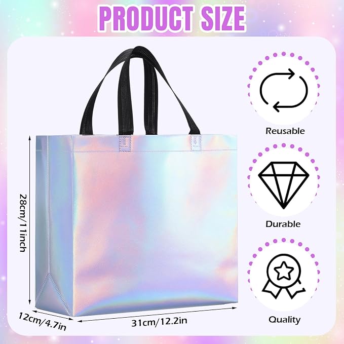 Eccliy Reusable Gift Bags Set Glossy Grocery Gift Tote Bag with Handle for Wedding, Bridal Shower, 4th of July, Summer Event(12 x 11 x 4.7 I Inch,Rainbow,80 Pcs)