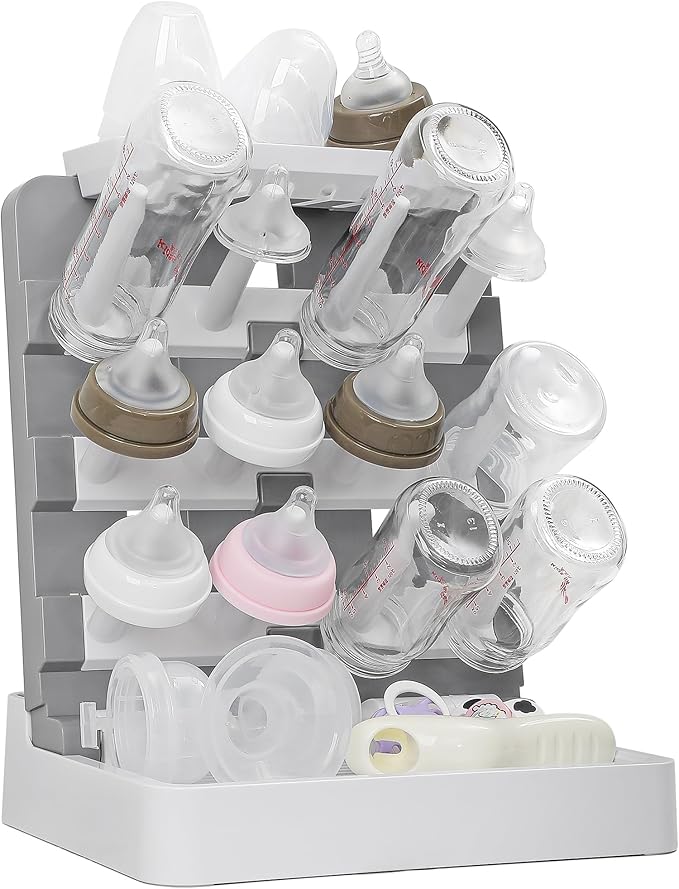 Baby Bottle Drying Rack, Vertical Standing Bottle Drying Rack Holder-Space Saving Baby Bottle Organizer for Countertop-Holds Up to 12 Baby Bottles & Pump Parts (White & Dark Gray)