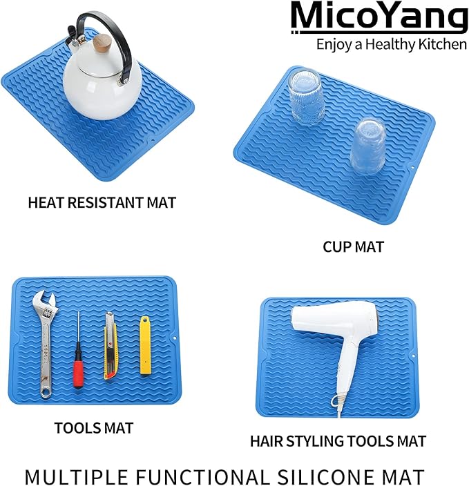 MicoYang Silicone Dish Drying Mat for Multiple Usage,Easy clean,Eco-friendly,Heat-resistant Silicone Mat for Kitchen Counter or Sink,Refrigerator or Drawer liner Lichen BlueL M 12 inches x 12 inches