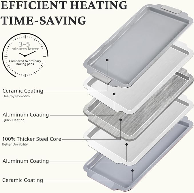 BRONYPRO Non Stick Ceramic Baking Sheet Pan Set of 3, Non Toxic Cookie Sheets (PFOA/PTFE Free), Aluminized Steel Oven Trays with Silicone Handles, Rust-Resistant, Warp-Resistant to 500°F, Light Gray