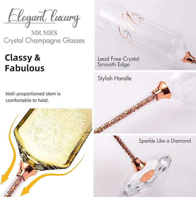 Wedding Champange Flutes and Cake Knife Server Set, Rose Gold Mr and Mrs Champagne Glasses for Bride and Groom Toasting