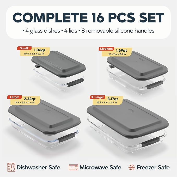 Pexo 8 Piece Glass Baking Dish Set with Plastic Lids, With Silicone Handles for Easy Grip (1.06QT, 1.69QT, 2.32QT, 3.17QT), Clear Glass Casserole Dishes for Oven, Airtight Lids, Glass Bakeware, Freezer, Oven, and Dishwasher safe (Gray)