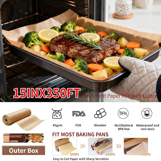 Unbleached 15x350 ft Parchment Paper Roll, 437 Sq.Ft, Non Stick Brown Extra Long Baking Paper Sheets with Serrated Cutter for Cooking, Baking, Grillin, Steaming Bread Cookies, Oven/Air Fryer/Microwave