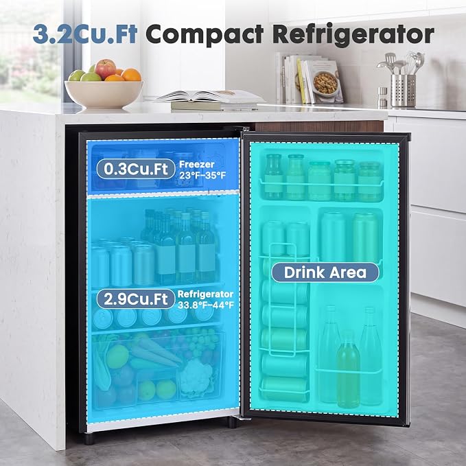 DUMOS 3.2 Cu.Ft Mini Fridge with Freezer, Single Door Refrigerator with Adjustable Thermostat, Compact Small Fridge for Bedroom, Office, Dorm,Single Door Silver