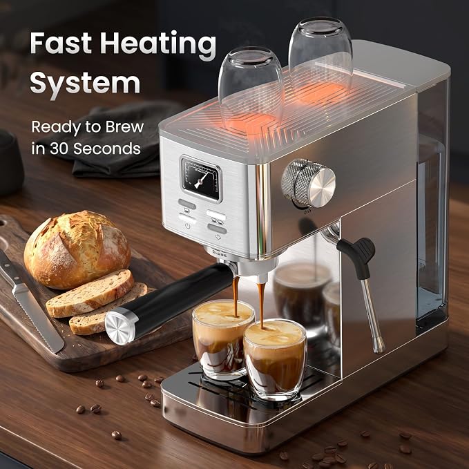Electactic Semi-Automatic Espresso Machine, 20 Bar Stainless Steel Espresso Machine with Pressure Gauge, Steam Milk Frother, Hot Water Function, Removable Water Tank & Cup Warmer