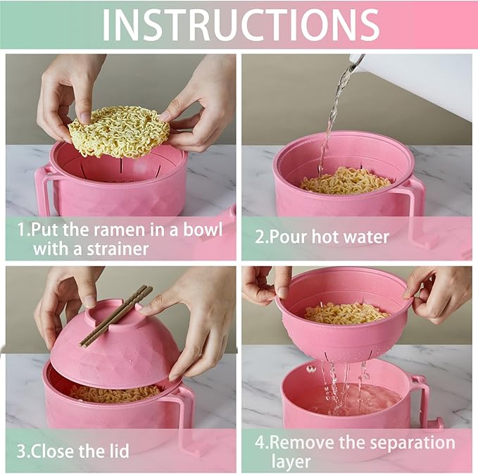 2 Sets Microwave Ramen Bowl 40 oz Wheat Fiber Portable Instant Noodle Cooker Bowl with Handles Strainer Spoon Chopstick Fork College Dorm Room Apartment Essentials(Pink, Light Green)