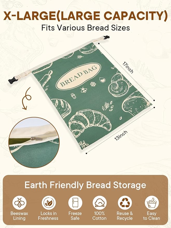 2 Pack Zippered Beeswax Bread Bags 17×13 Inch Large Cotton Sourdough Bread Bags Reusable Bread Storage Bags for Homemade Bread Freezer Safe for Bagel Croissant & Baguette Kitchen Baking Supplies