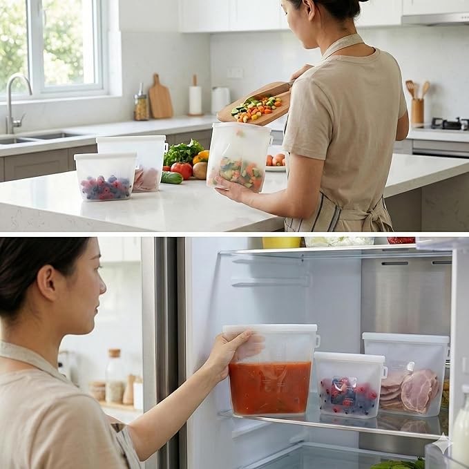 Zyra Reusable Silicone Food Storage Bag Set – 3 Sizes (500ml, 1000ml, 1500ml) – Leakproof, Foldable, Microwave & Freezer Safe, BPA-Free, Dishwasher Safe, Eco-Friendly Meal Prep. (Clear)