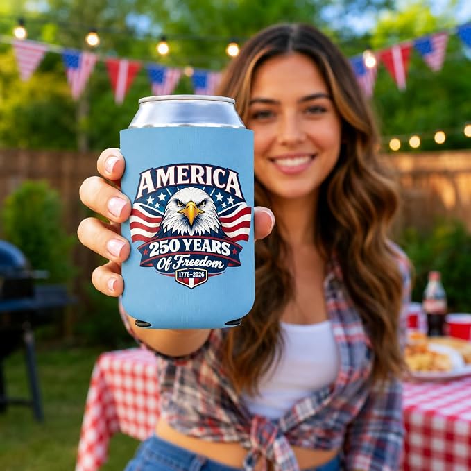 200 Pcs Custom 4th of July American Can Cooler Sleeves, 250th Anniversary USA Patriotic Neoprene Drink Holder for Memorial Day Independence Day Party Favors Decorations Gifts