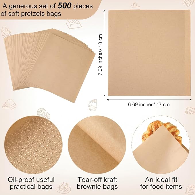 Colarr 500 Pcs Soft Pretzel Bags 6.69 x 7.09 Inch Pretzels Individual Bags Grease Resistant Double Open Paper Sandwich Wrapper Holder for Concession Stands Food Snack Cookie, Brown