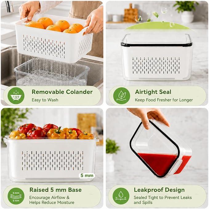 UFORU 4 Pack Fruit Storage Containers for Fridge, Produce Containers with Removable Colander, Airtight Stackable Storage Containers, Reusable Refrigerator Organizer Bins for Berries, Lettuce
