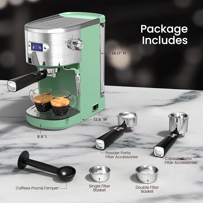 Electactic 20 Bar Espresso Machine, Professional Stainless Steel Coffee Maker with LCD Display, 45oz Removable Water Tank, Home & Office Espresso Maker for Cappuccino Latte Macchiato, Green