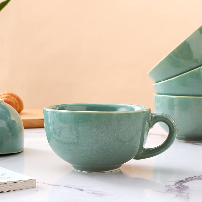 Coffeezone Set of 6 Cups Vintage Design 12 oz Professional Barista Ceramic Latte Art Cappuccino Cups Set (Green * 6)