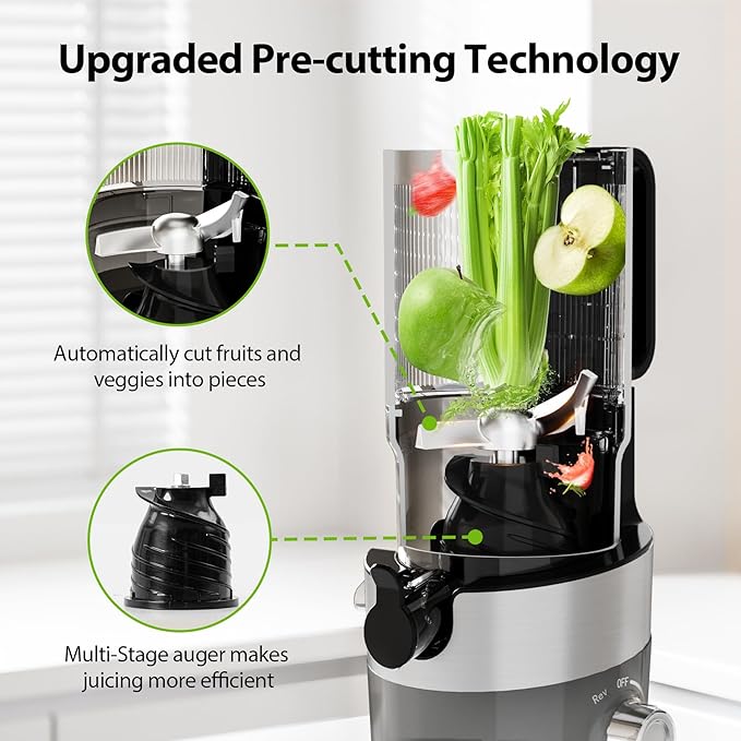Cold Press Juicer，Aeitto 4.9" Large Feed Chute Juicer Machines for Whole Fruits & Vegetables,High Juice Yield,Professional Masticating juicer Easy to Clean,Grey