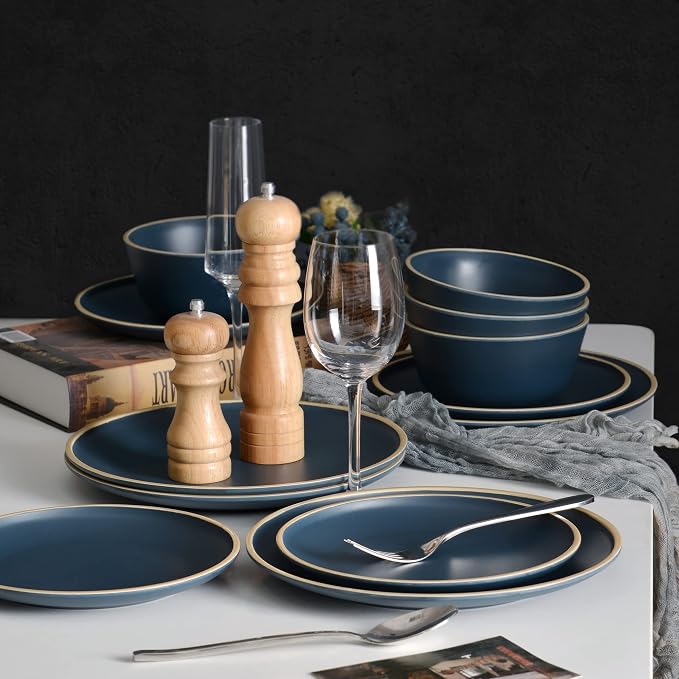 Melamine Dinnerware Sets for 4, Plates and Bowls Sets 12 Pcs, Melamine Plates, Nautical Dinnerware Sets, Modern Style,Dishwasher Safe, BPA Free, Suitable Indoor and Outdoor Use (Deep Blue)