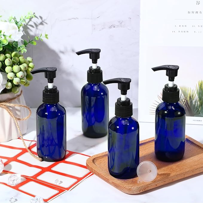 Tanlade Glass Pump Bottle Dispenser 4 oz Travel Bottles with Pump Refillable Glass Containers for Toiletries Lotion Liquid Soap Shampoo Essential Oils Cosmetic Travel Accessories (Blue,24 Pcs)