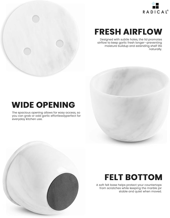 Radicaln Marble Garlic Keeper With Lid 4.5 Inch White Handmade Garlic Storage and Garlics Container For Kitchen, Keep Fresh Garlic Cloves, Ideal Garlic Keeper for Counter