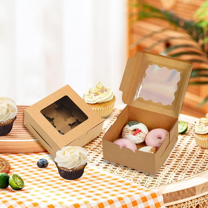 QTLCOHD 100 Pack 6 x 6 x 3 Inch Bakery Boxes with Window Brown | Small Cupcake Box Individual Kraft Cookie Pastry Boxes for Pastries, Cookies, Pie, Donuts, Macaroon
