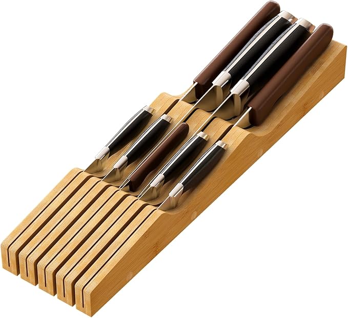 Knife Drawer Organizer, Bamboo Wood In-Drawer Knife Block, Knife Organizer Holds Up To 9 Knives
