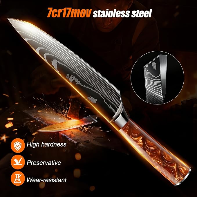 10-Piece Premium Japanese Kitchen Knife Set - Star Collection, Laser Damascus Pattern, 440A Stainless Steel Ultra Sharp for Fast Cutting (Red)