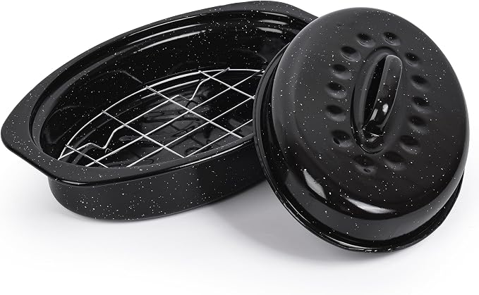 13” Roasting Pan with Lid, Small Enameled Carbon Steel Oven Roaster for Chicken, Turkey, Meat, Bread, Sourdough, Heat Resistant to 572℉, Dishwasher/Induction Safe, including Stainless Steel Oval Rack