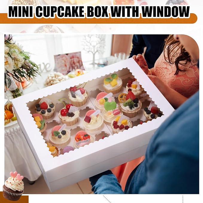 AmazingSpark 5 Pack 35 Count Cupcake Boxes, Mini Cupcake Containers, 16.9 x 13 x 4 Inch White Disposable Bakery Boxes with Window and Inserts for Birthday Holiday Party Bakery Desserts
