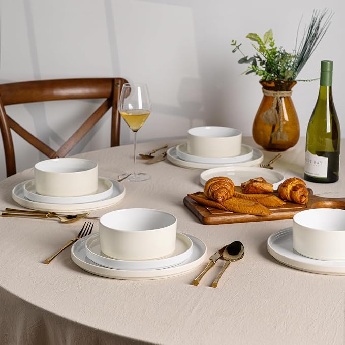 AmorArc Ceramic Dinnerware Set | Stoneware Plates and Bowls | Scratch Resistant,Dishwasher & Microwave Safe Dishes Sets-cream