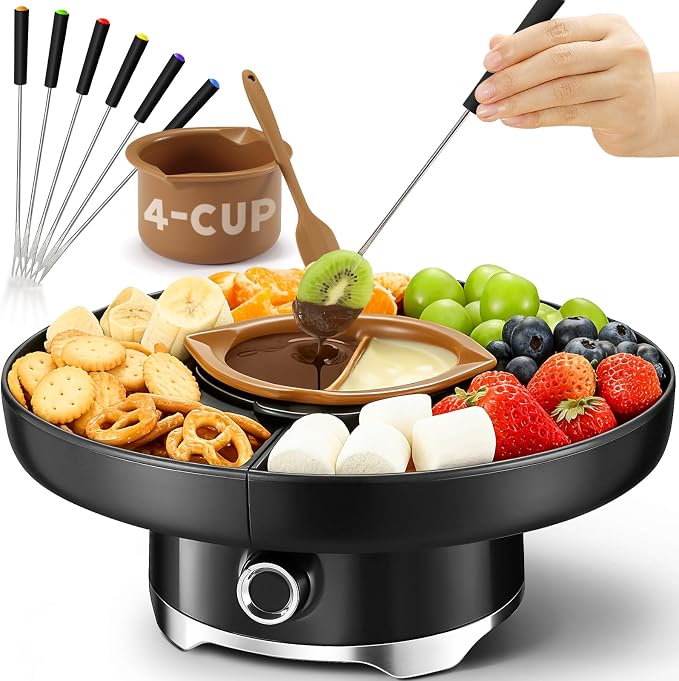 LUSHYUM Electric Chocolate Fondue Set, 4-Cup Chocolate, Rotating Tray | Melt & Warm Modes, Dual Silicone Inserts, 6 Color-Coded Forks, Easy-Clean, Ideal for Candy Melts, Couple Family, Date Night