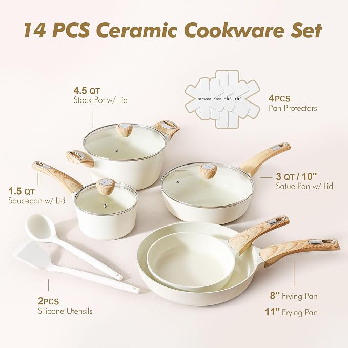 SENSARTE 14-Piece Ceramic Cookware Sets,Non toxic Healthy Non Stick Kitchen Cooking Set,1.5 Quart Sauce Pan with Lid, Induction Pot