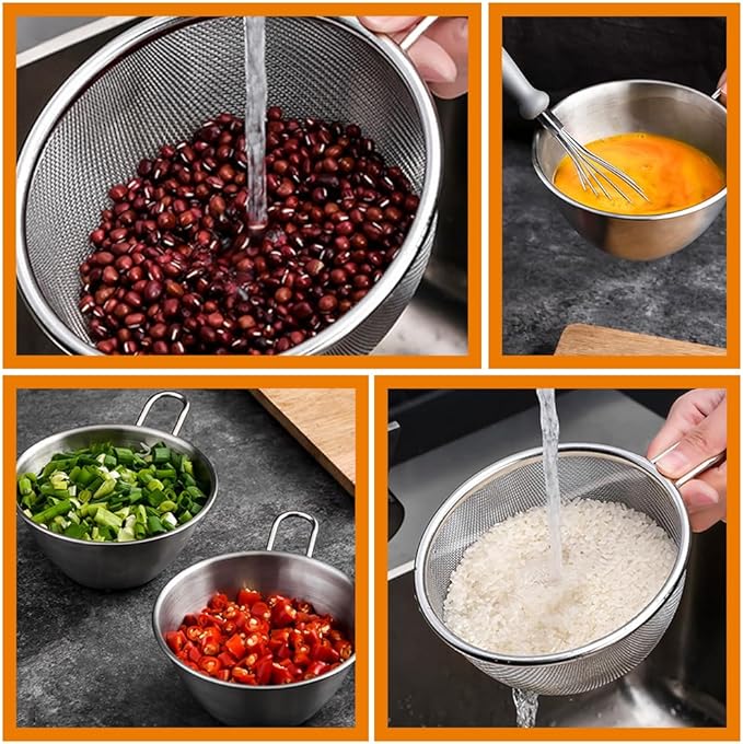 BESTonZON Stainless Steel Colander Bowl with Handle and Basin Food Strainer for Rice Washing Vegetable and Fruit Draining Compact 7.08X5.90X2.95 Inch Kitchen Utensil