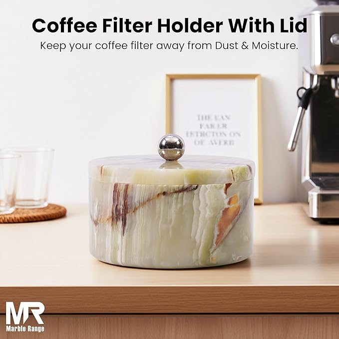 Marble Coffee Filter Holder – 6 inch Handmade Green Onyx Coffee Filter Holder with Lid, Storage Organizer for Kitchen Countertop & Bar Decor