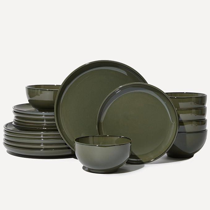Pokini 18 Piece Dinnerware Set for 6, Reactive Glaze Terracotta Plates and Bowls Set, Large Family-Sized Stoneware Dish Set for Gatherings, Chip and Scratch Resistant, Blackish Green