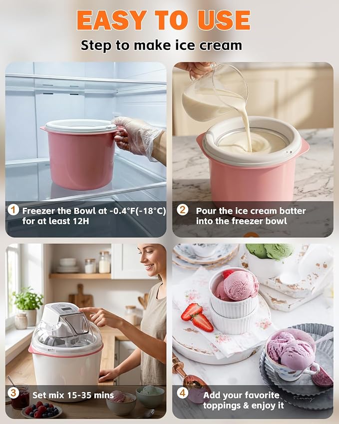 Ice Cream Maker, 1.6 Quarts Ice Cream, Gelato, Sorbet, Milkshakes, Frozen Yogurt Machine for Home, Ice Cream Double Insulated Machine with LCD Screen and Timer, Easy to Clean and Quick