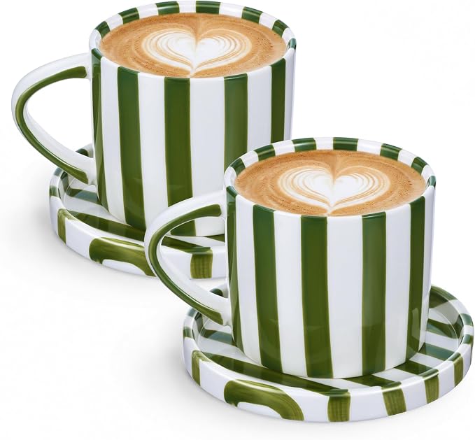 Thenshop 2 Set 8 oz Large Espresso Cups with Saucer, Striped Ceramic Coffee Mugs Great for Tea Hot Chocolate, Microwave Safe, for Women, Men, Modern, Unique Style for Kitchen, Office
