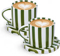 Thenshop 2 Set 8 oz Large Espresso Cups with Saucer, Striped Ceramic Coffee Mugs Great for Tea Hot Chocolate, Microwave Safe, for Women, Men, Modern, Unique Style for Kitchen, Office