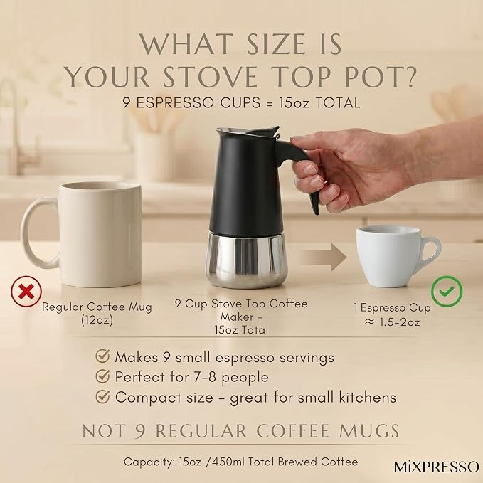 Mixpresso Black 9 Cup Greca Stovetop Espresso Pot 450ml/15oz, Moka Pot with Coffee Percolator Design, Stainless Steel Stove Top Coffee Maker for Camping or Home Use,Italian Stovetop Espresso Maker