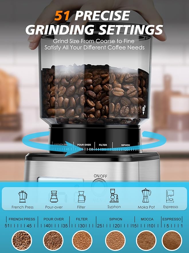 Homtone Conical Burr Espresso Coffee Grinder – 51mm Stepless Electric Bean Grinder with Grind Settings, Precision Timer, Stainless Steel Mill with Portafilter Holders, Anti-Static for Drip/Moka